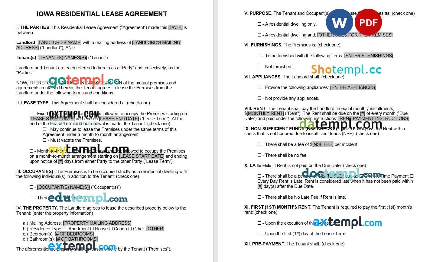 Iowa Residential Lease Agreement Word example, fully editable