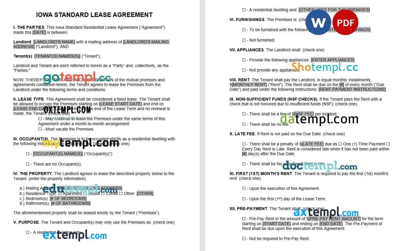 Iowa Standard Lease Agreement Word example, fully editable
