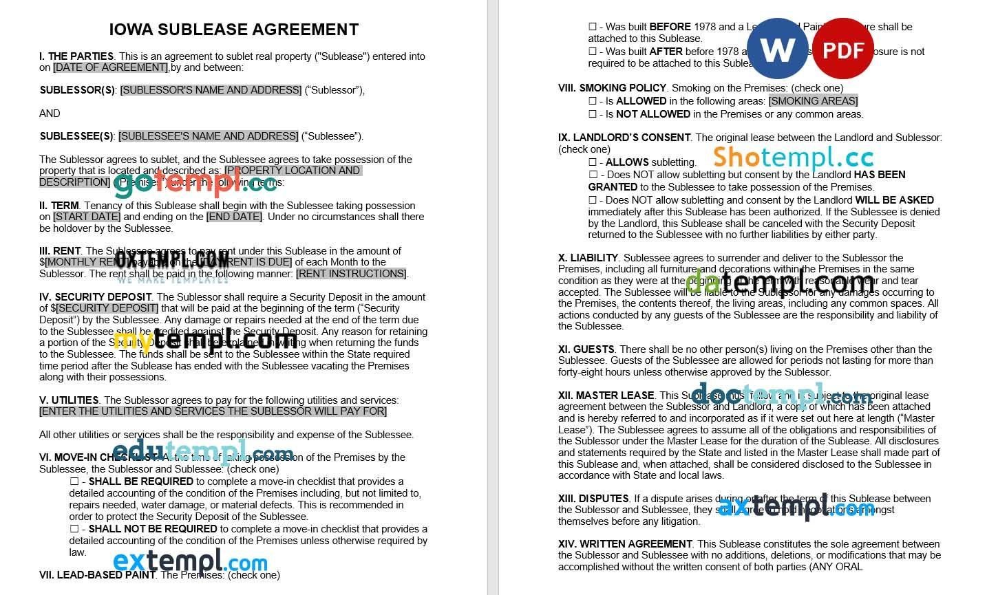 Iowa Sublease Agreement Word example, fully editable