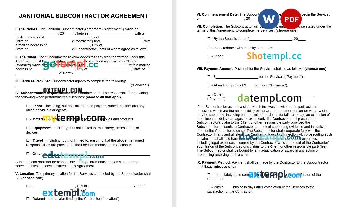 Janitorial Subcontractor Agreement Word example, fully editable