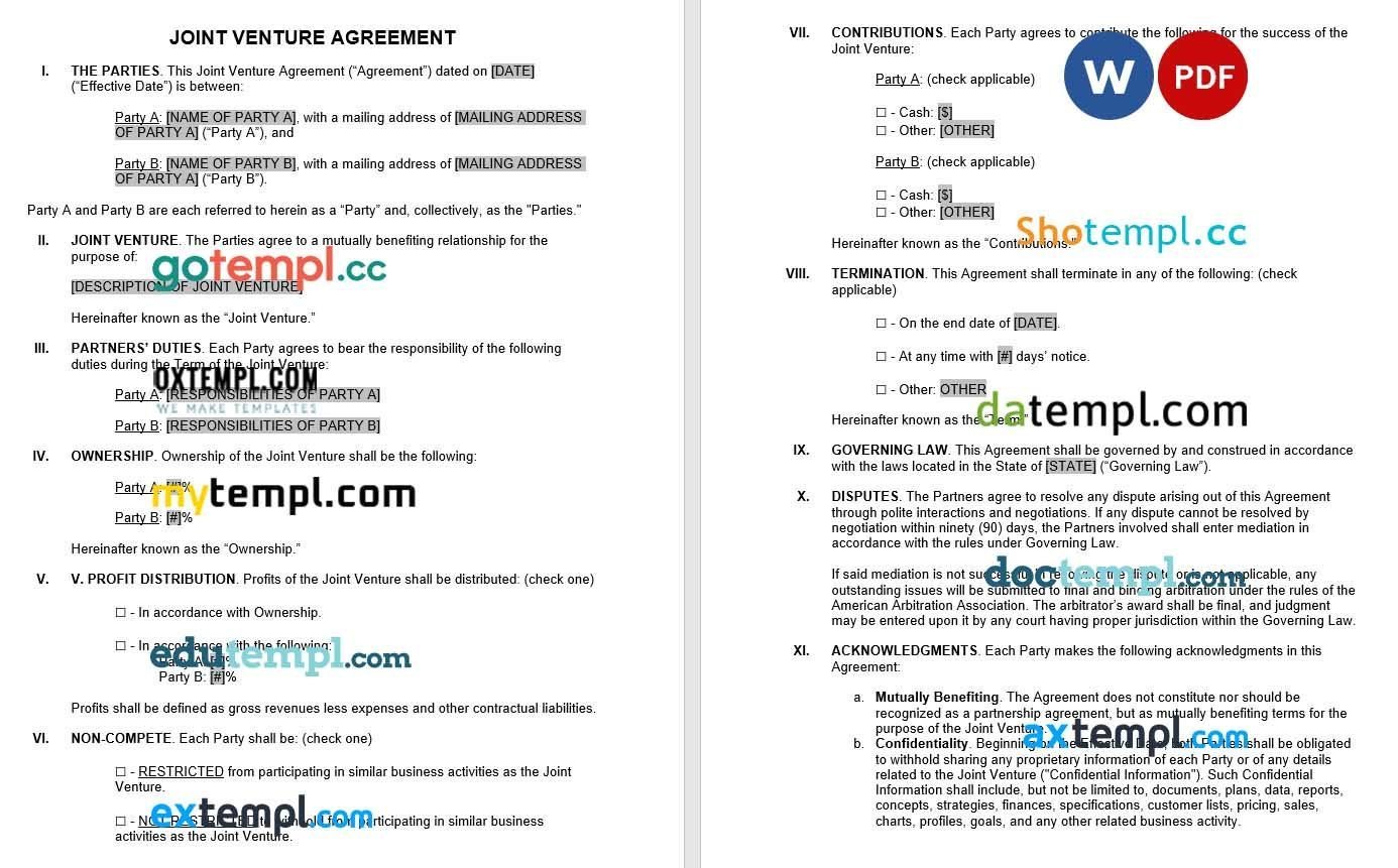 Joint Venture Agreement Word example, fully editable