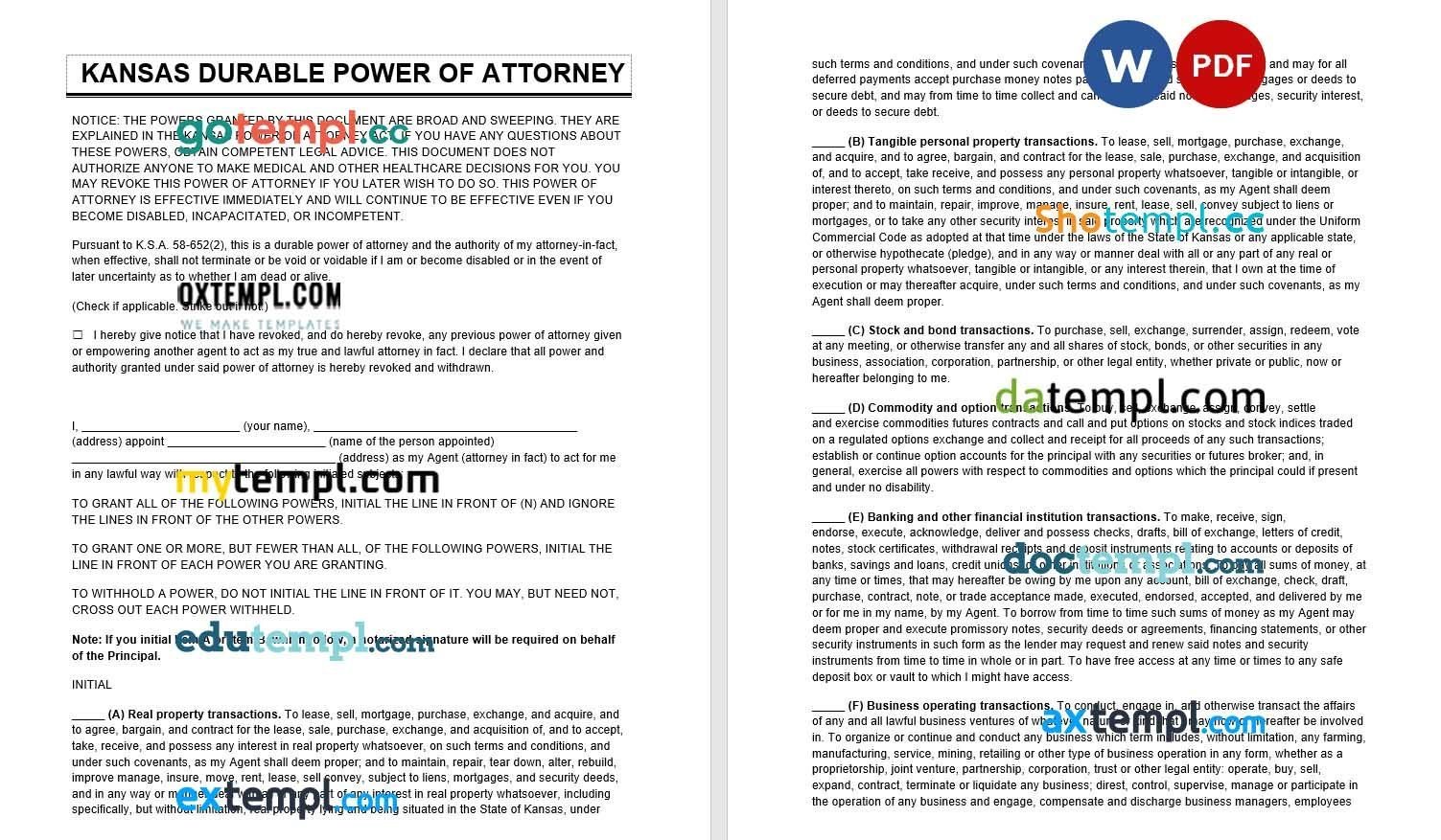 Kansas Durable Power of Attorney example, fully editable