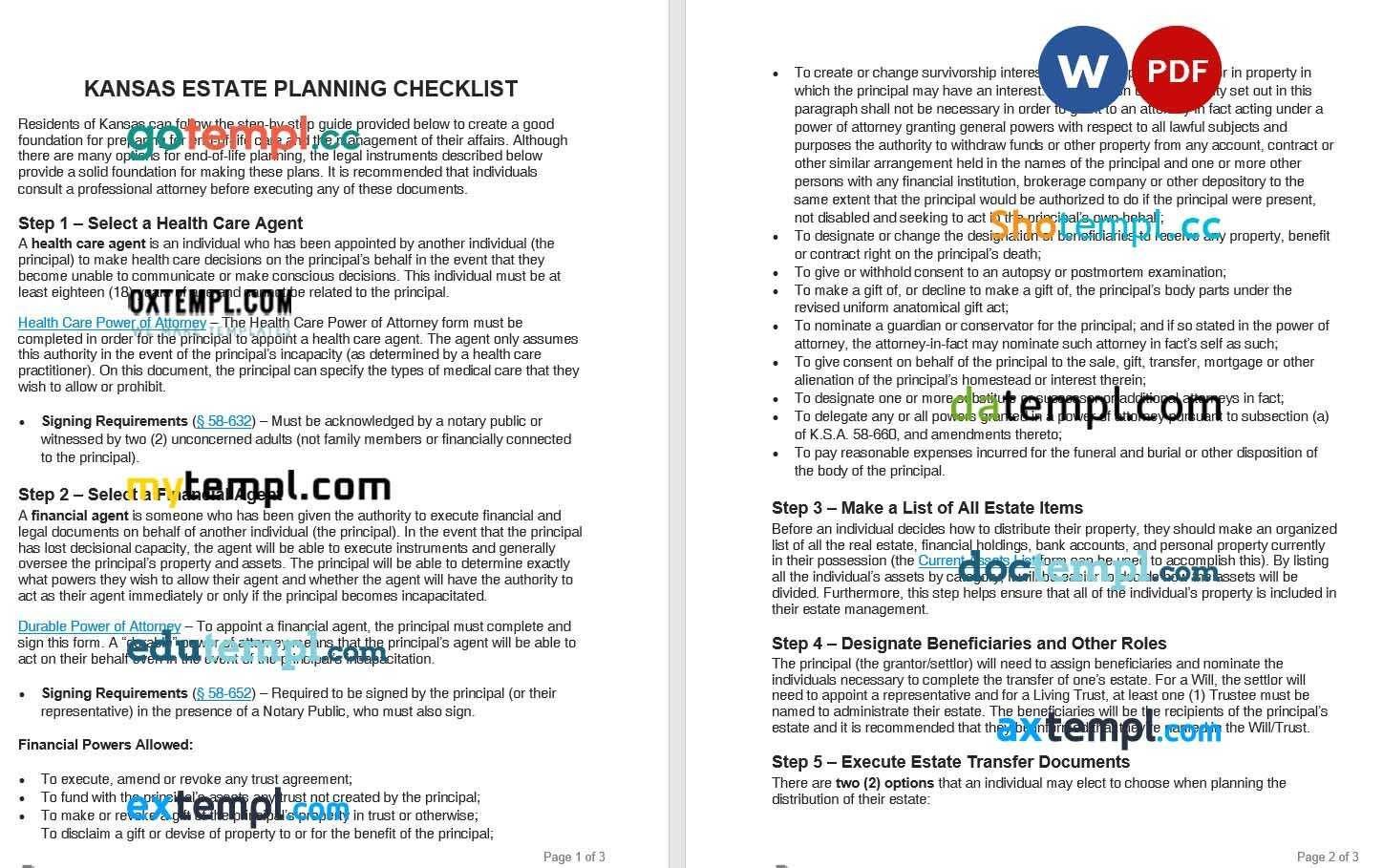 Kansas Estate Planning Checklist example, fully editable
