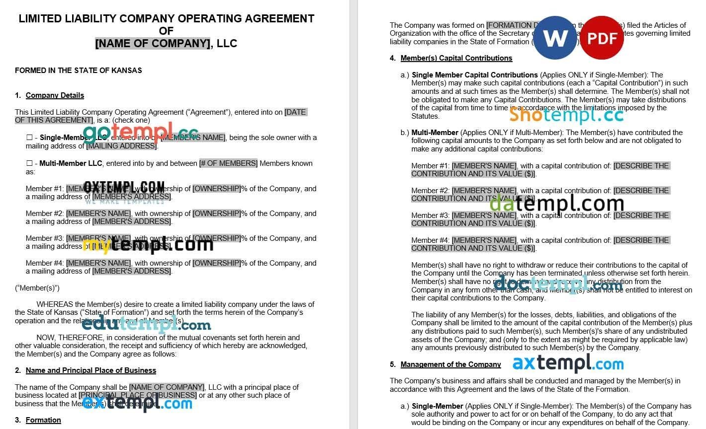 Kansas LLC Operating Agreement Word example, fully editable