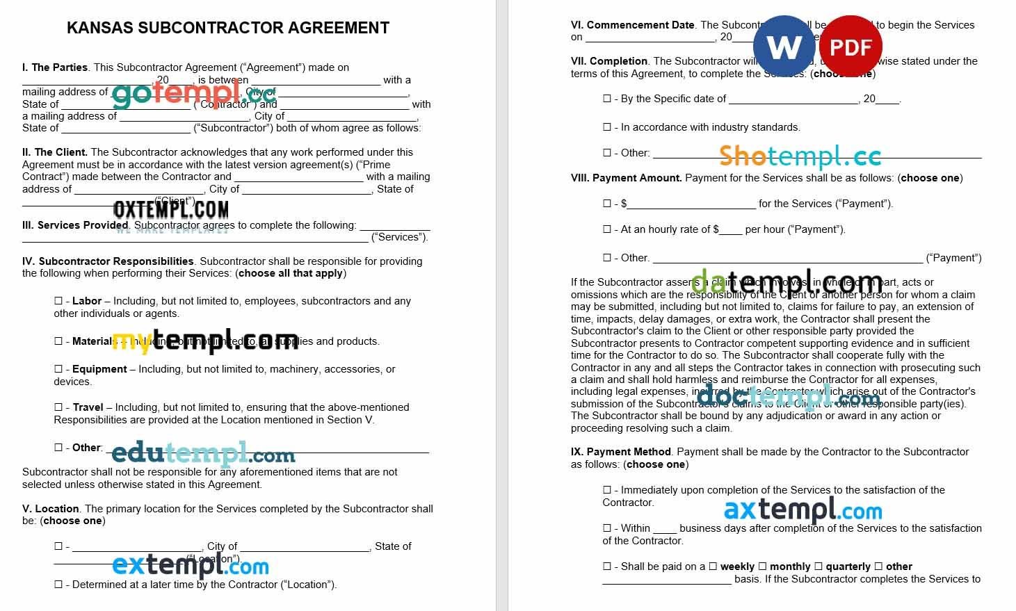 Kansas Subcontractor Agreement 1 Word example, fully editable