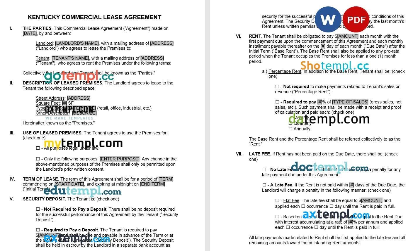 Kentucky Commercial Lease Agreement Word example, fully editable