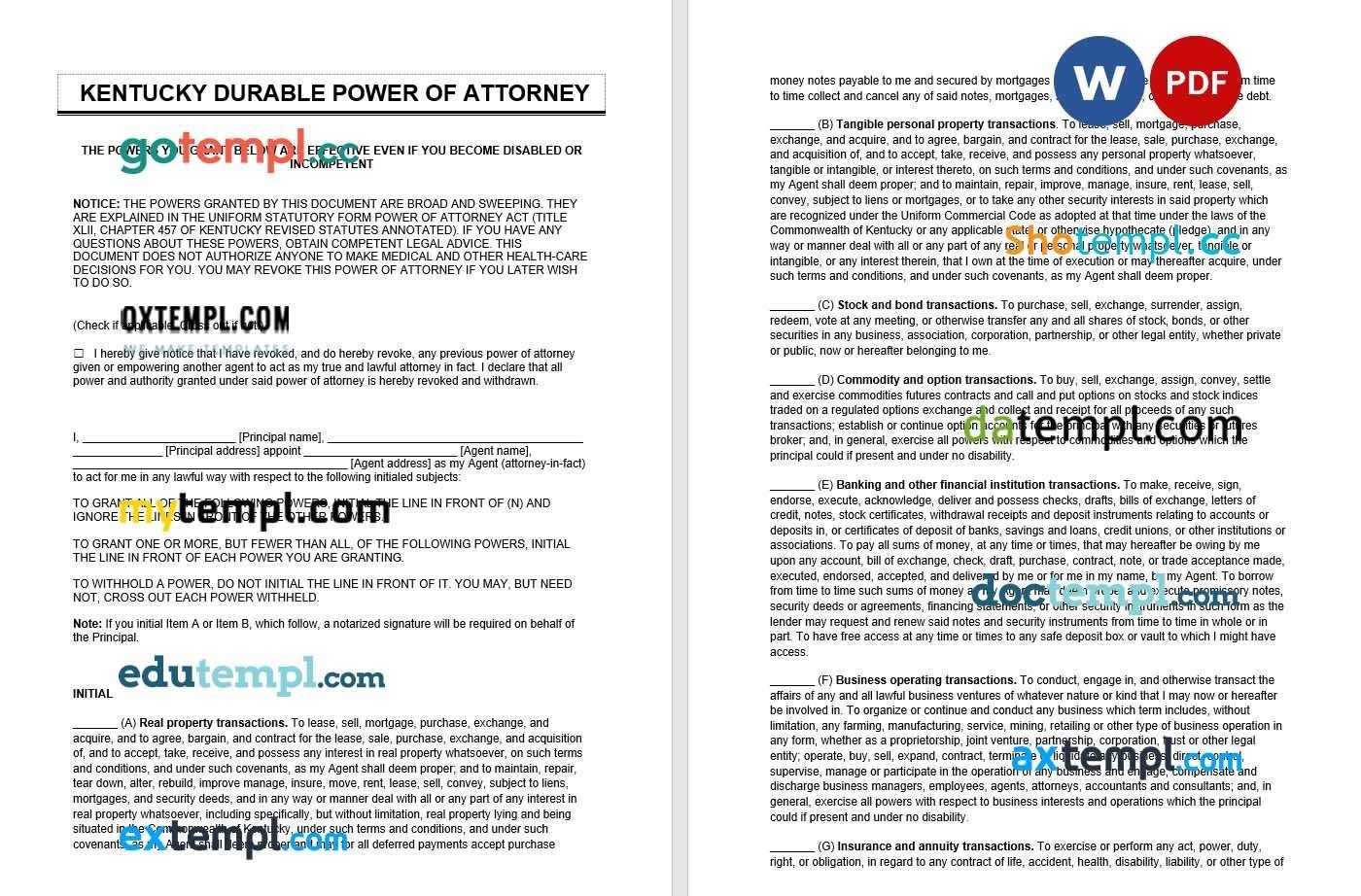 Kentucky Durable Power of Attorney example, fully editable