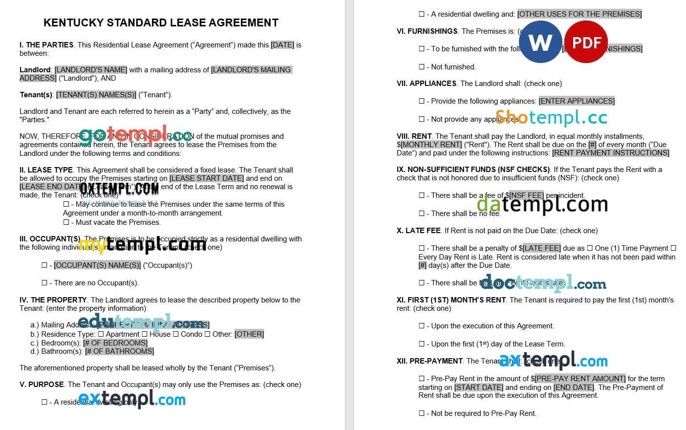 Kentucky Standard Residential Lease Agreement Word example, fully editable