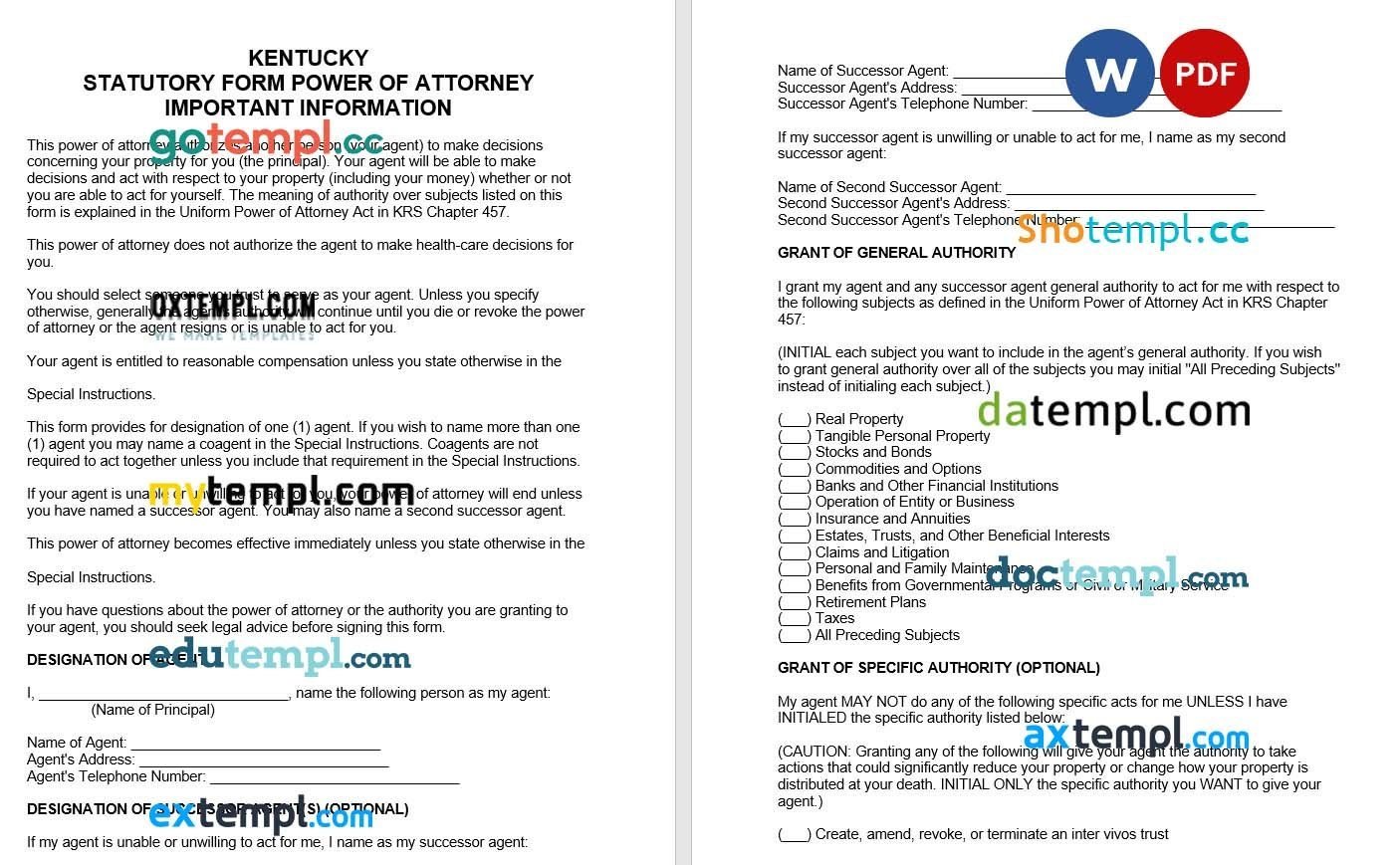 Kentucky Statutory Durable Power of Attorney Form example, fully editable