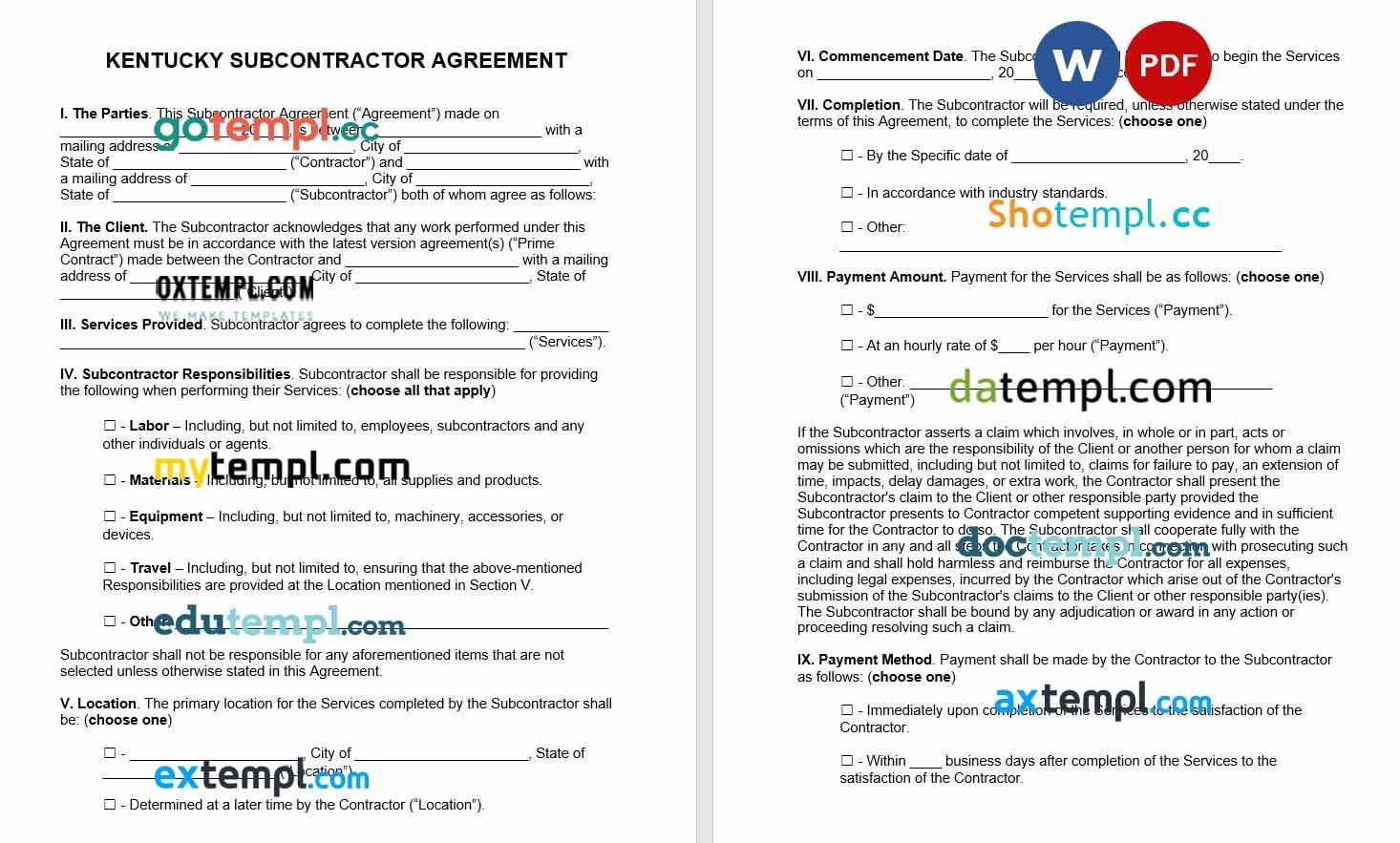 Kentucky Subcontractor Agreement Word example, fully aditable