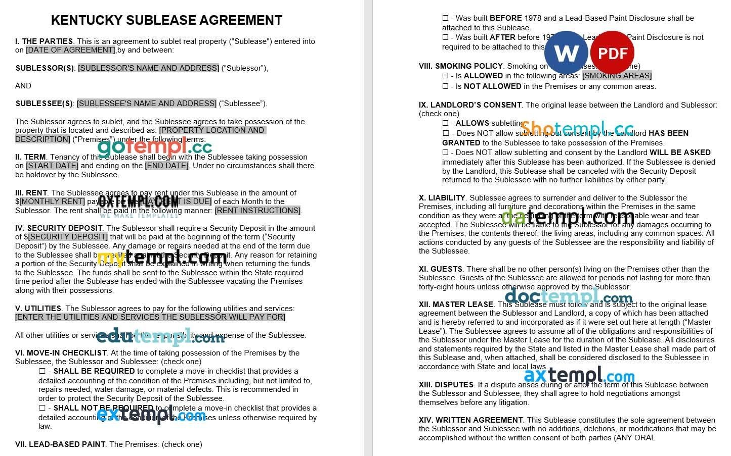 Kentucky Sublease Agreement Word example, fully aditable
