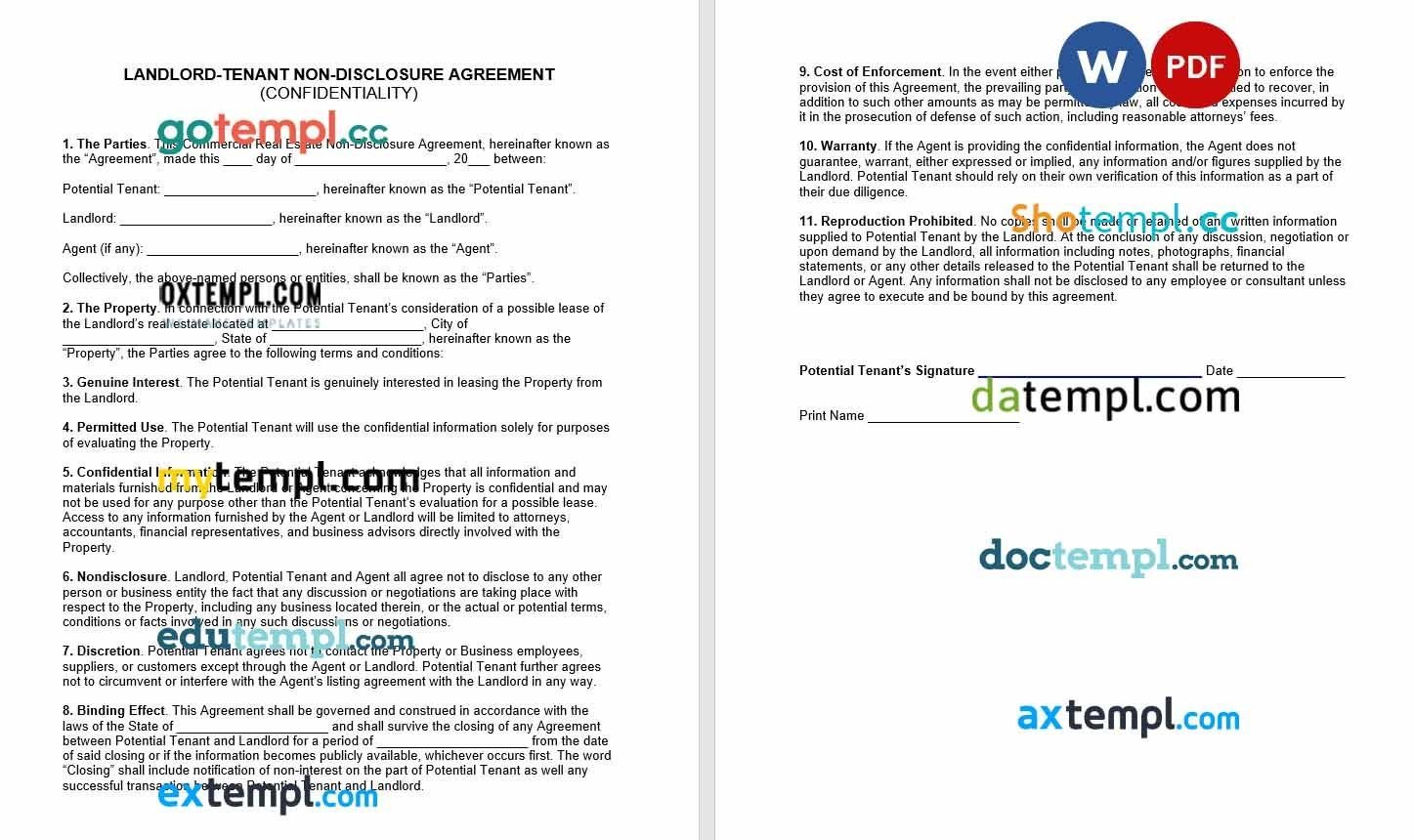 Landlord Tenant Confidentiality Agreement Word example, fully editable