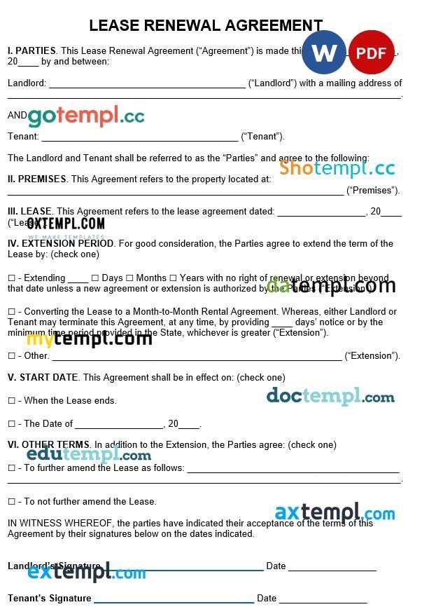 Lease Renewal Agreement Word example, fully editable
