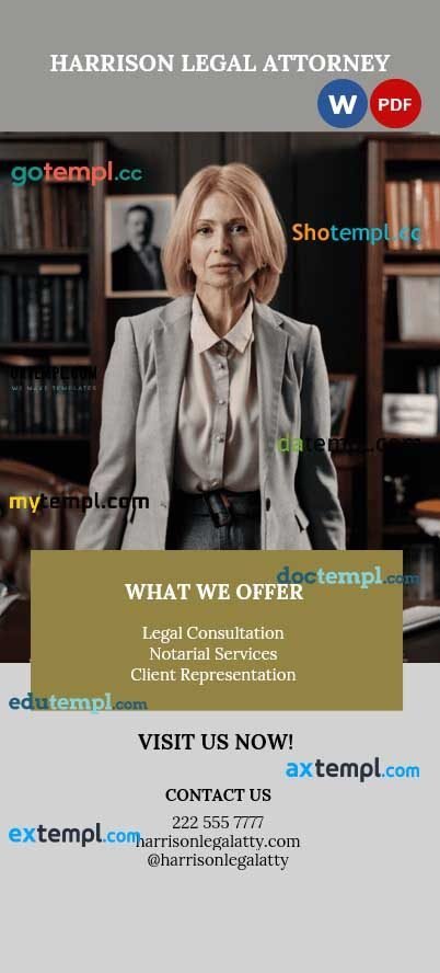 Legal Attorney Law Rack Card example, fully editable
