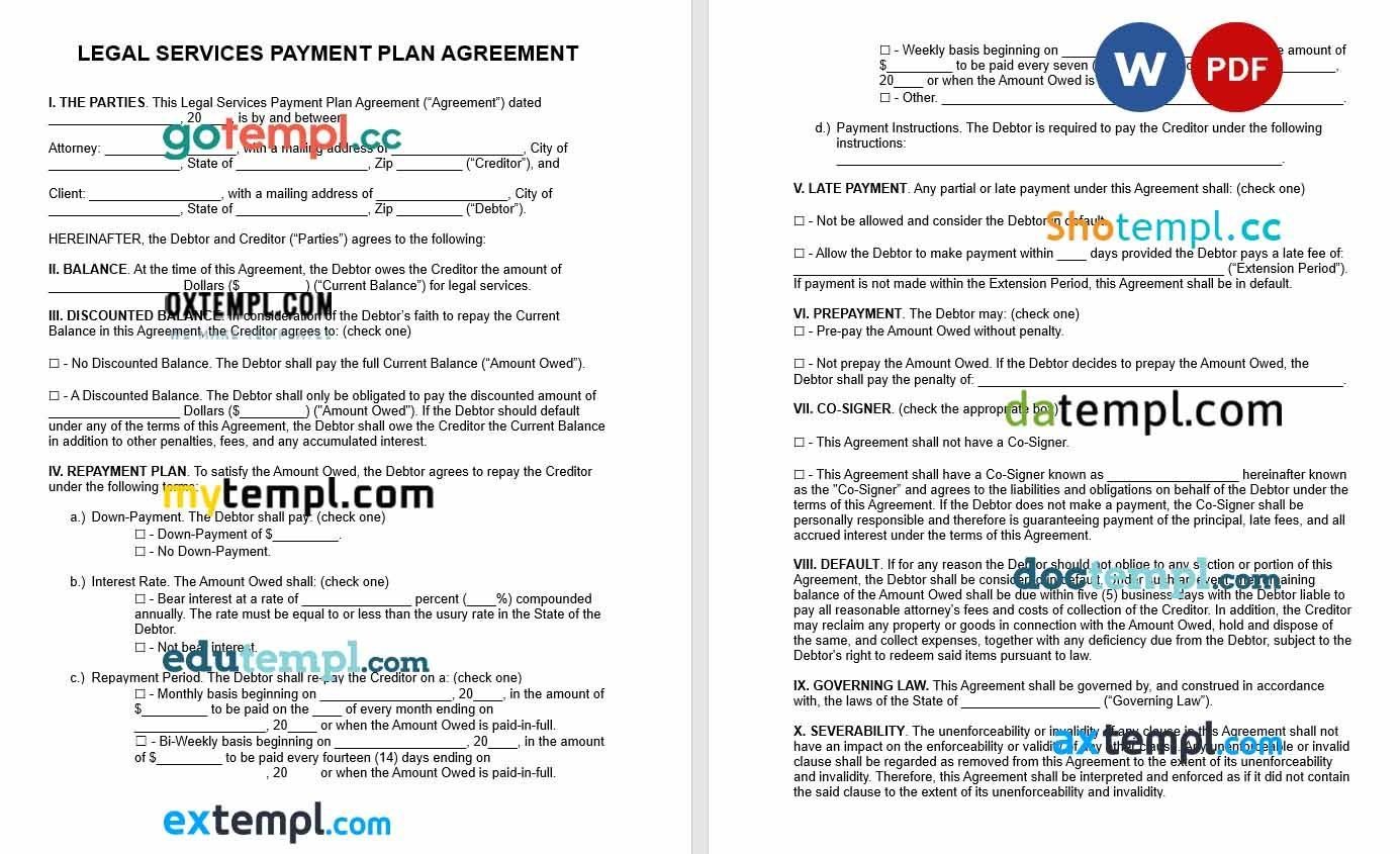 Legal Services Payment Plan Agreement Word example, fully editable