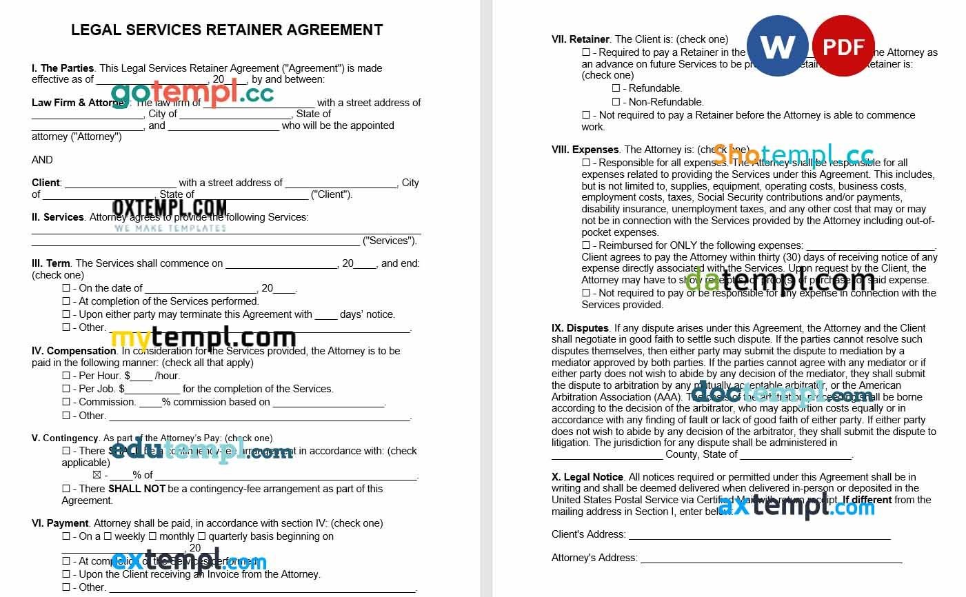 Legal Services Retainer Agreement Word example, fully editable