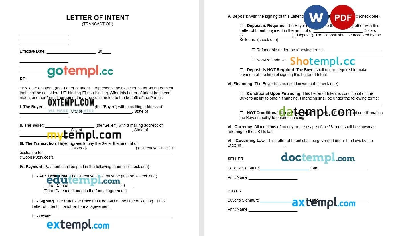 Letter of Intent Word example, fully editable