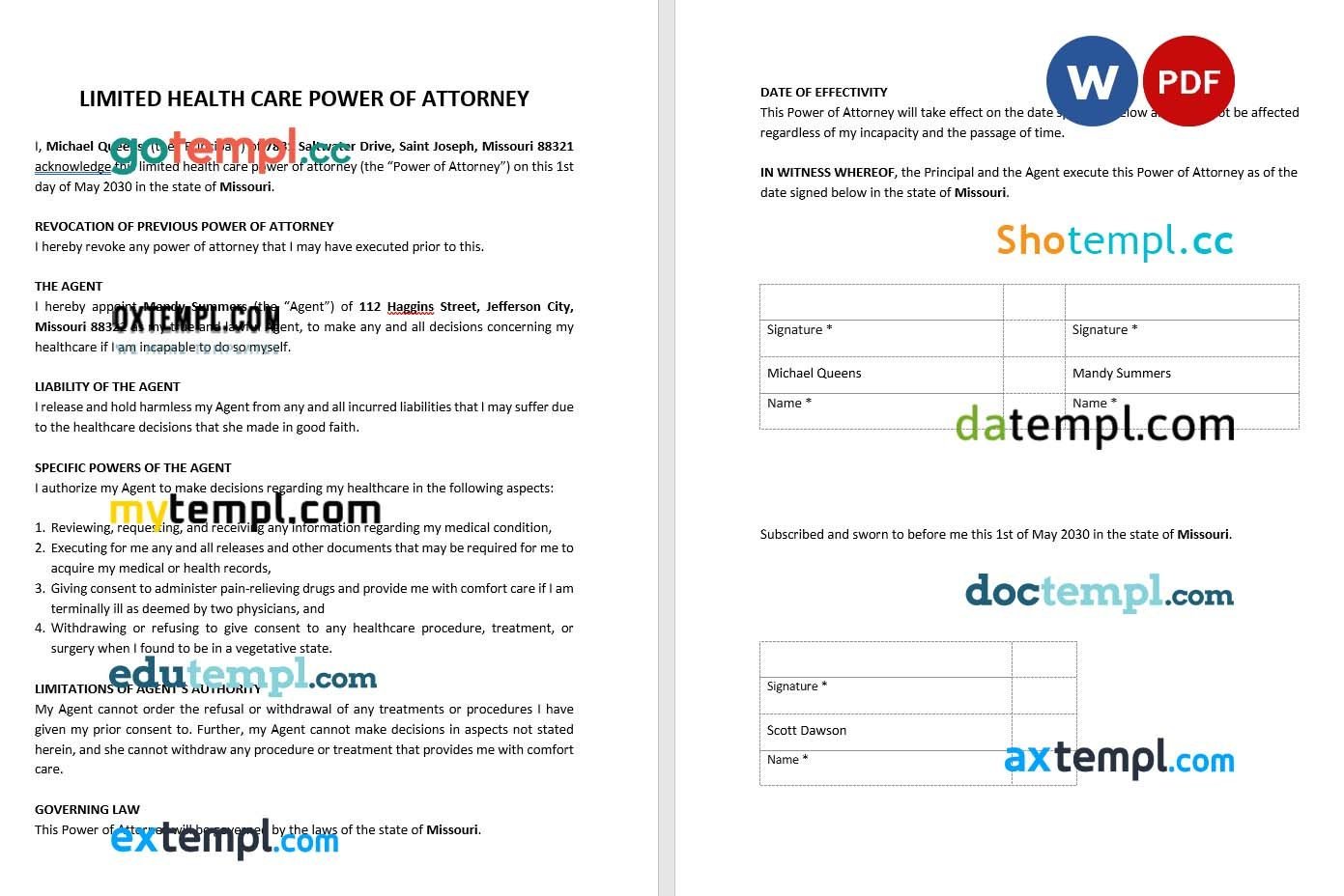 Limited Health Care Power of Attorney example, fully editable
