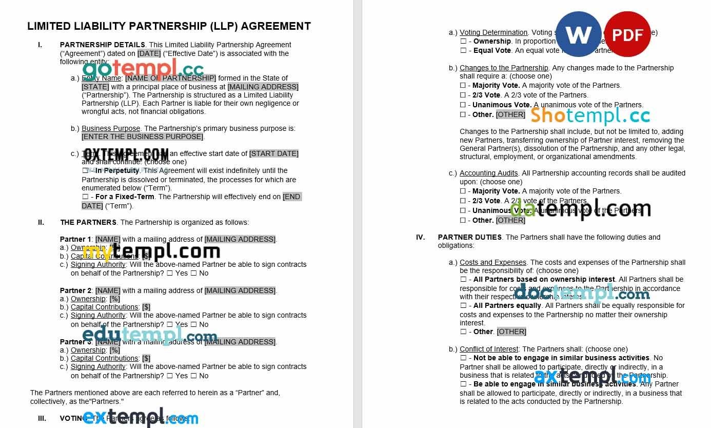 Limited Liability Partnership LLP Agreement word example, fully editable