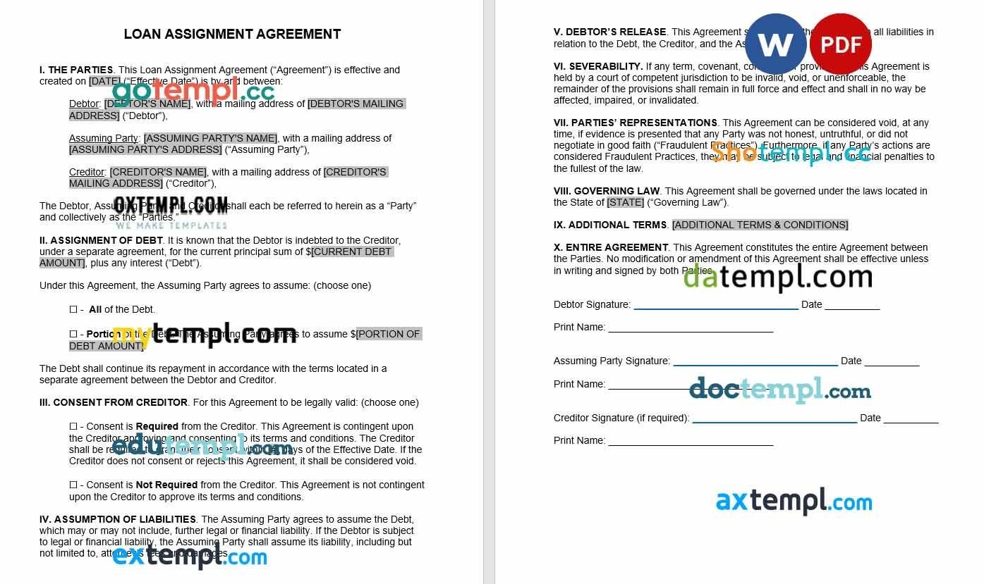 Loan Assignment Agreement Word example, fully editable