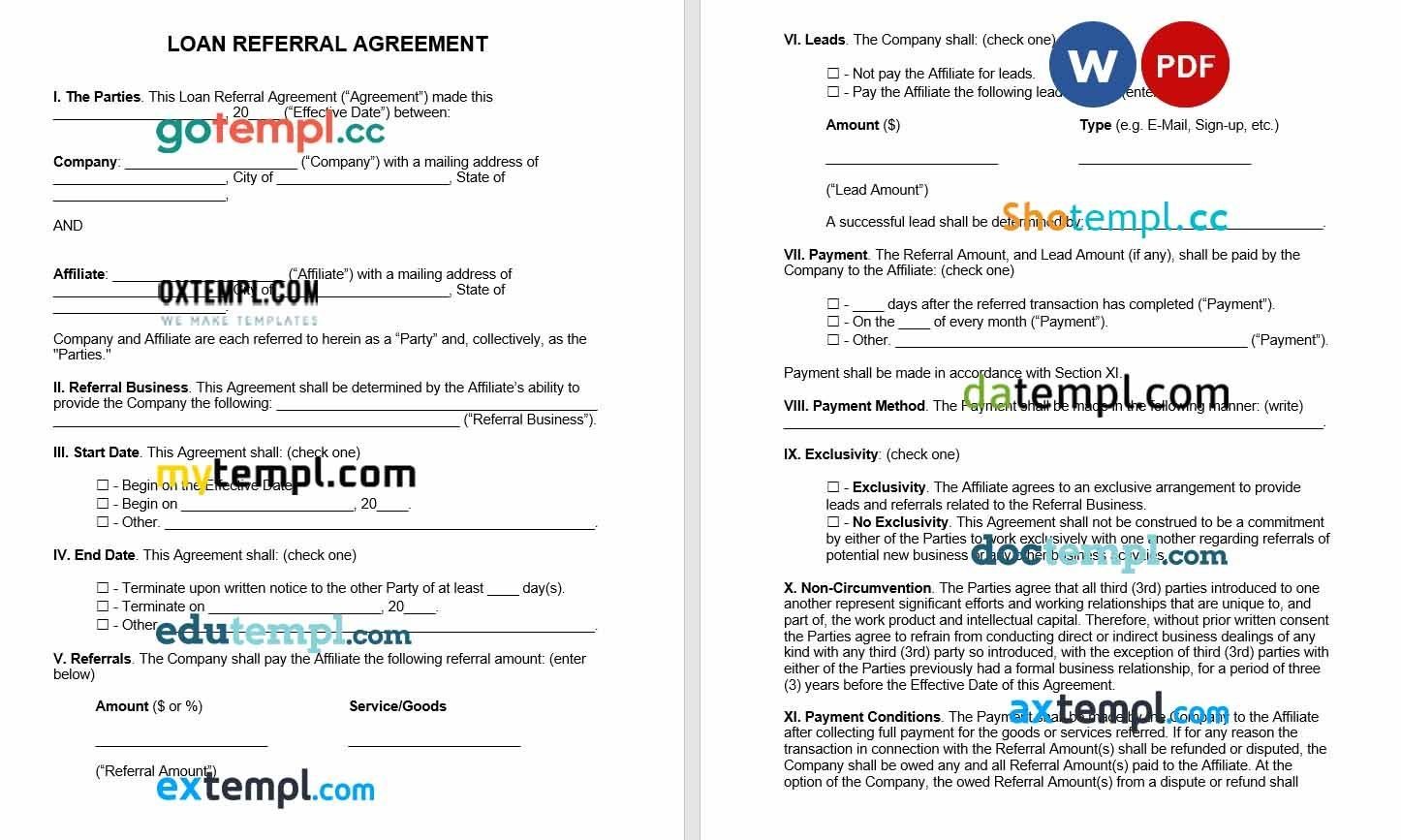Loan Referral Agreement Word example, fully editable