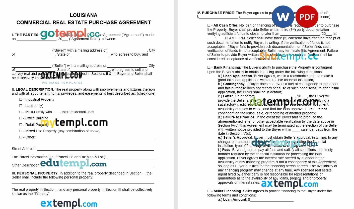 Louisiana Commercial Real Estate Purchase Agreement Word example, completely editable
