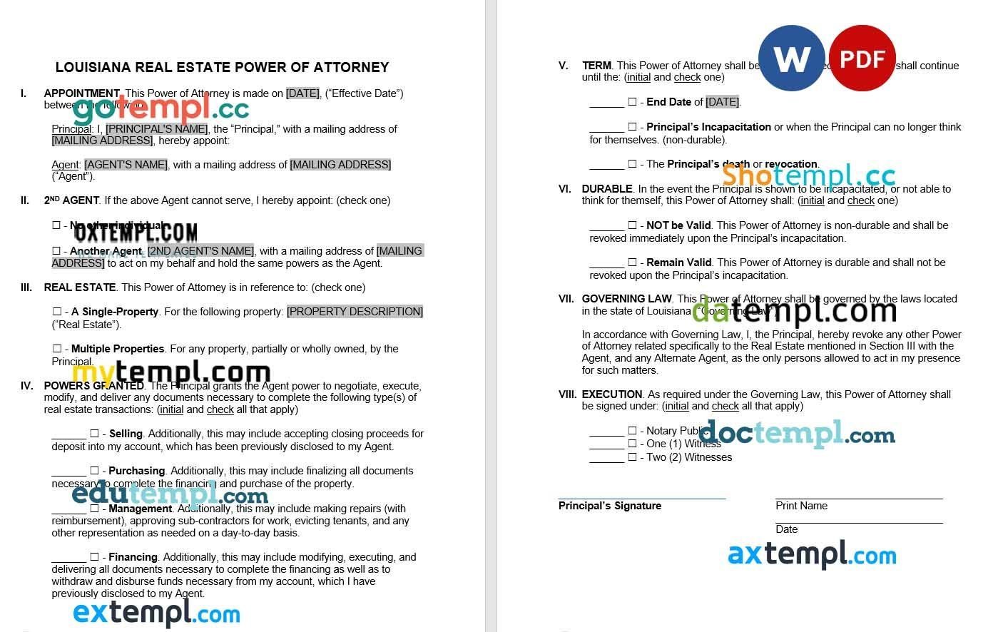 Louisiana Real Estate Power of Attorney Form example, fully editable