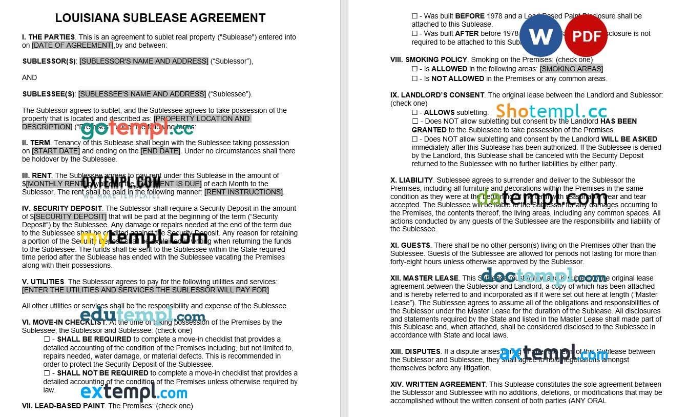 Louisiana Sublease Agreement Word example, fully editable