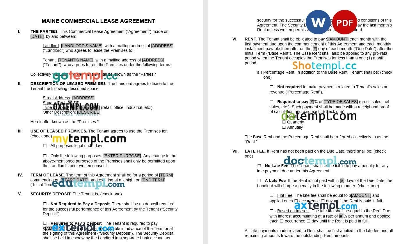 Maine Commercial Lease Agreement Word example, fully editable