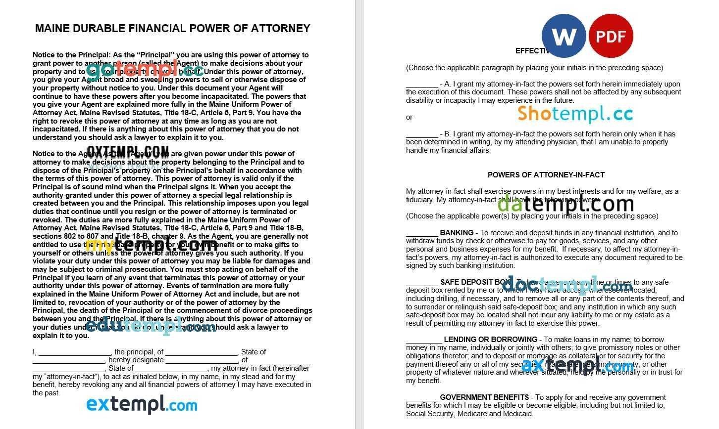 Maine Durable Finances Power of Attorney Form example, fully editabl