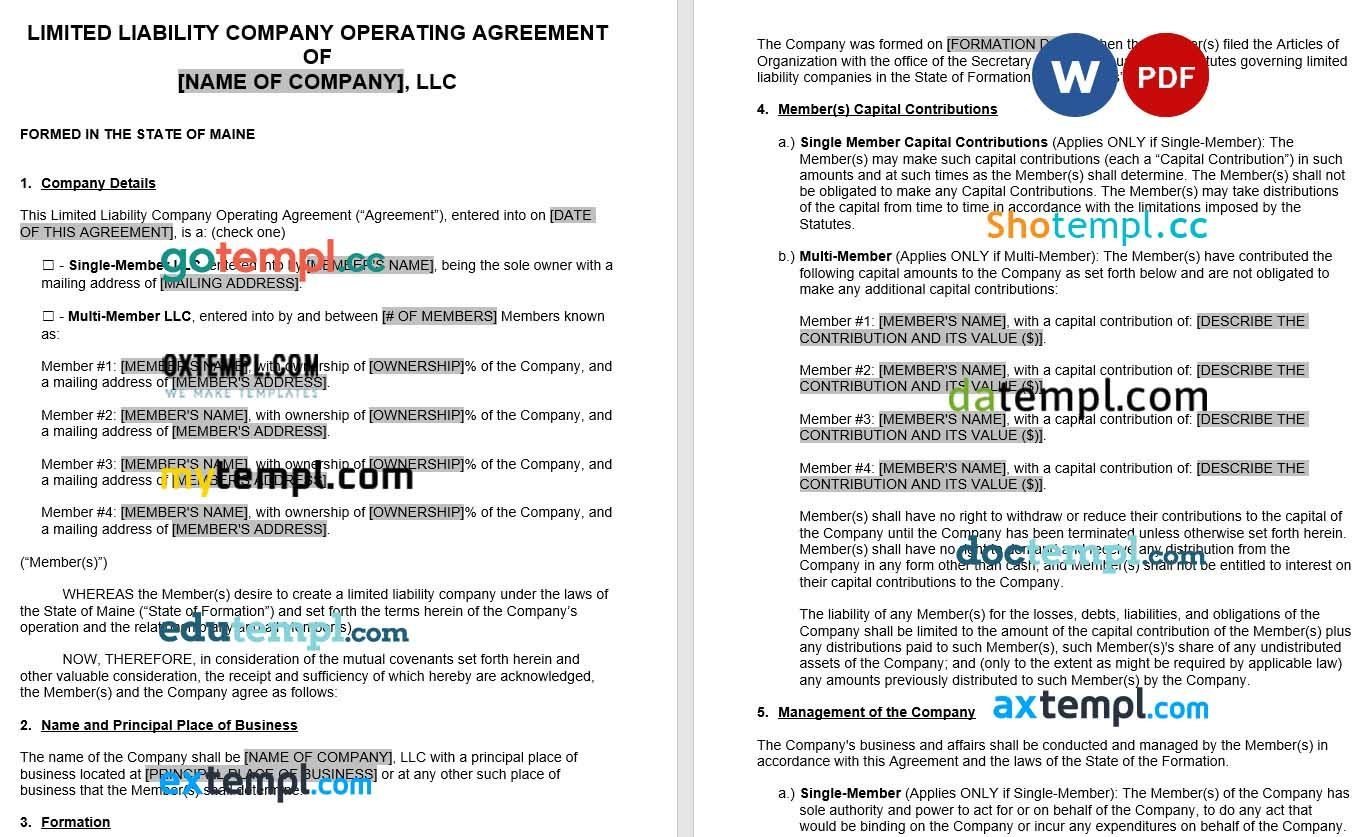 Maine LLC Operating Agreement Word example, fully aditable