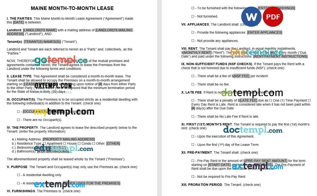 Maine Month to Month Lease Agreement Word example
