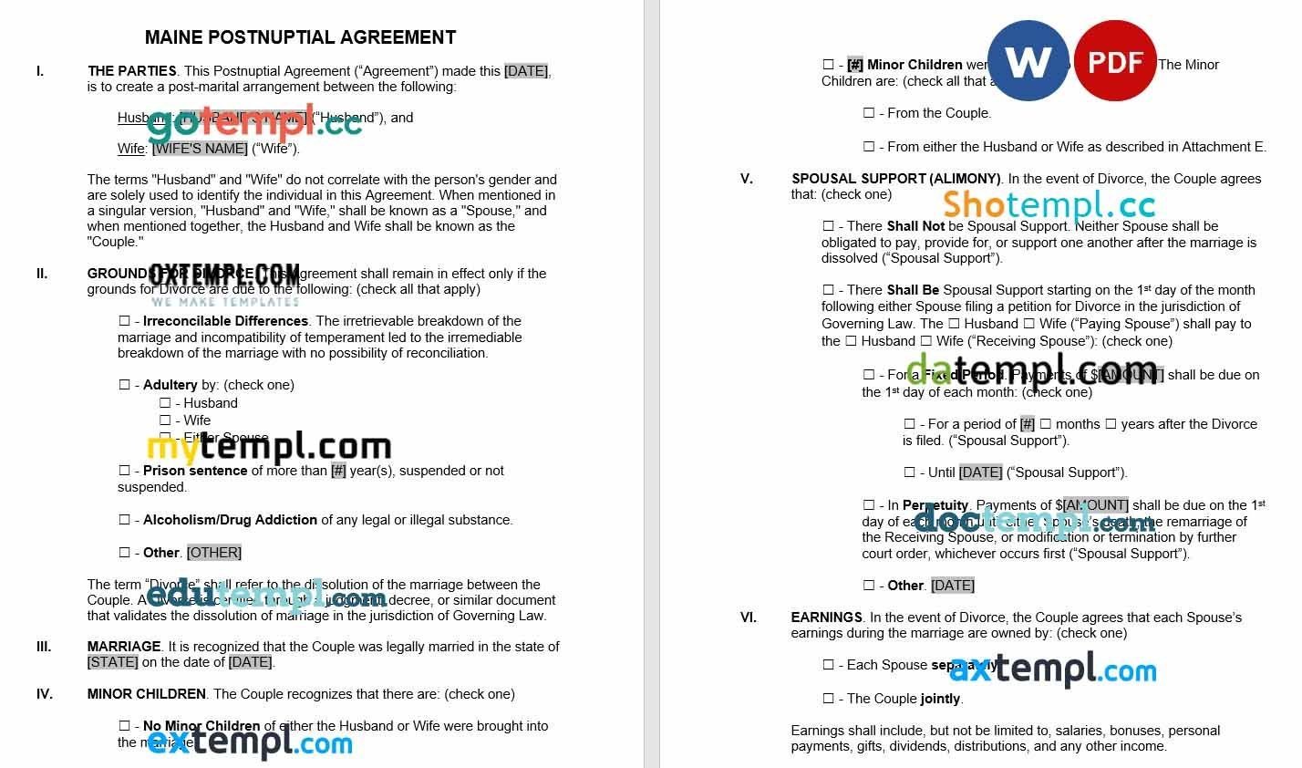 Maine Postnuptial Agreement Word example, fully editable