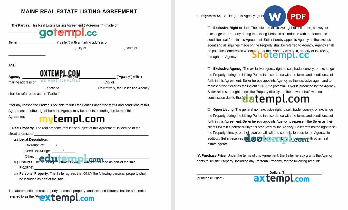 Maine Real Estate Listing Agreement Word example, fully editable