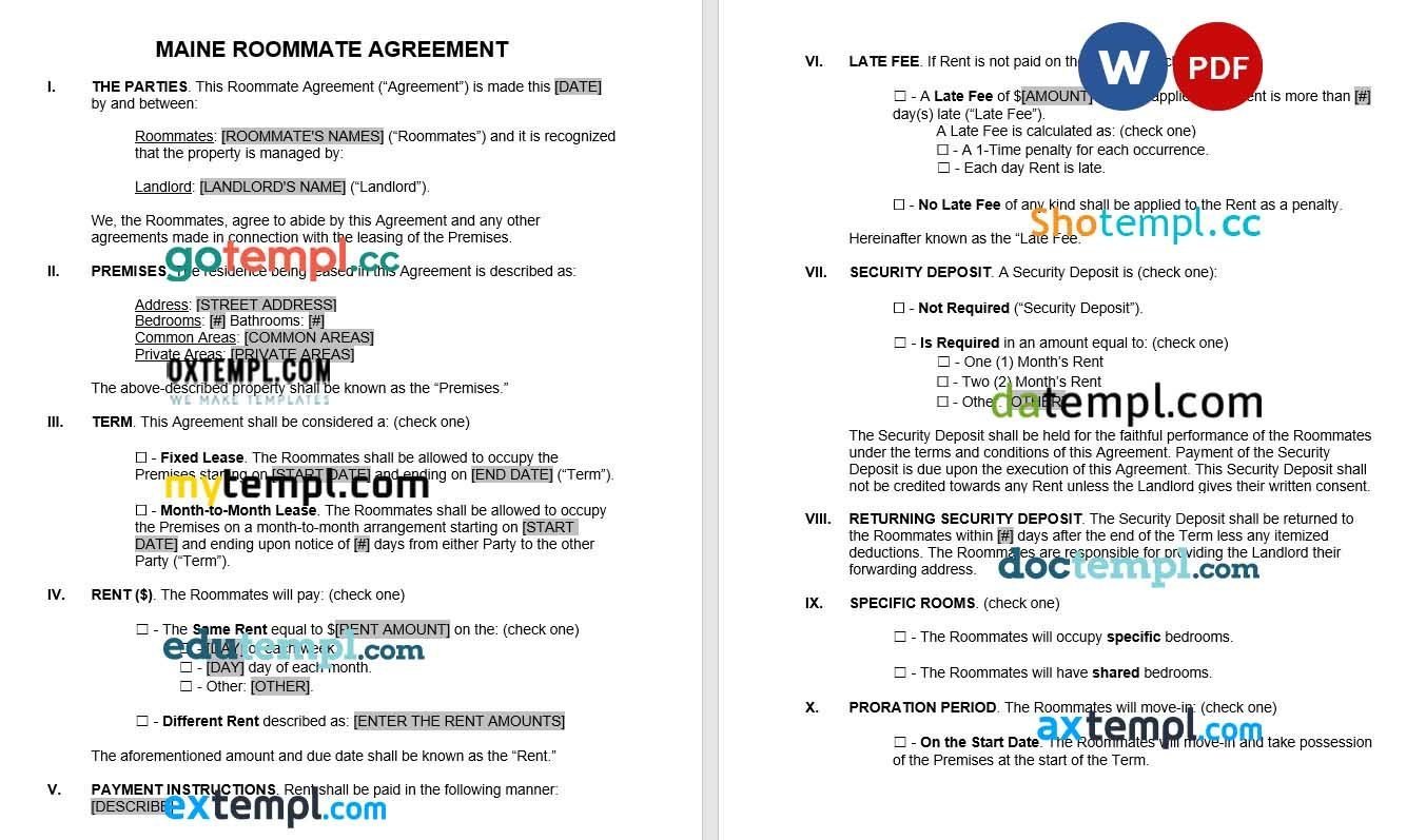 Maine Roommate Agreement Form Word example, fully editable