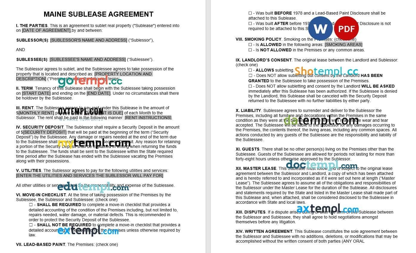 Maine Sublease Agreement Word example, completely editable