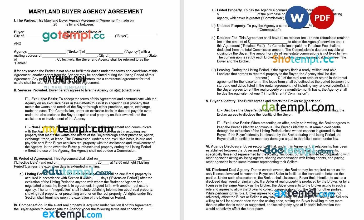 Maryland Buyer Agency Agreement word example, fully editable