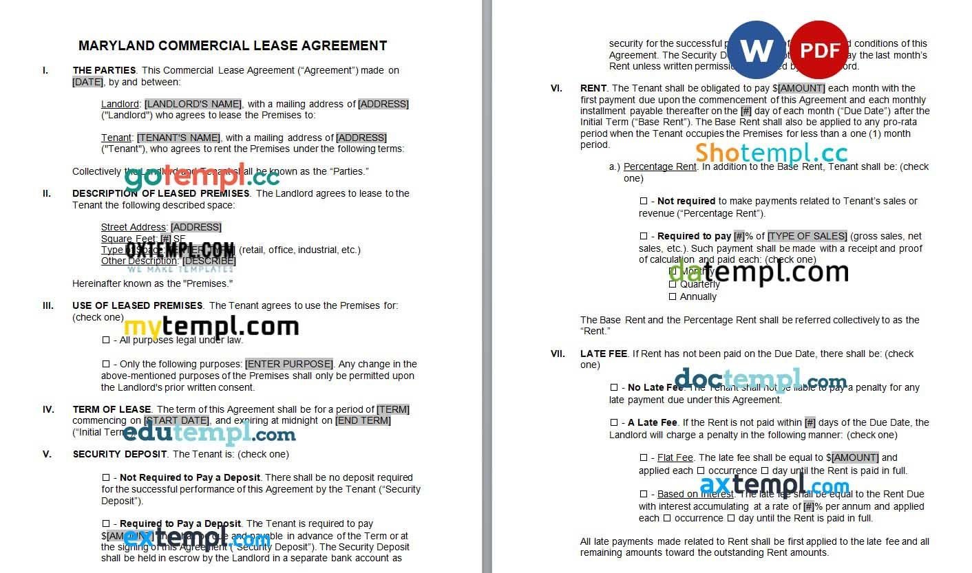 Maryland Commercial Lease Agreement Word example, fully editable
