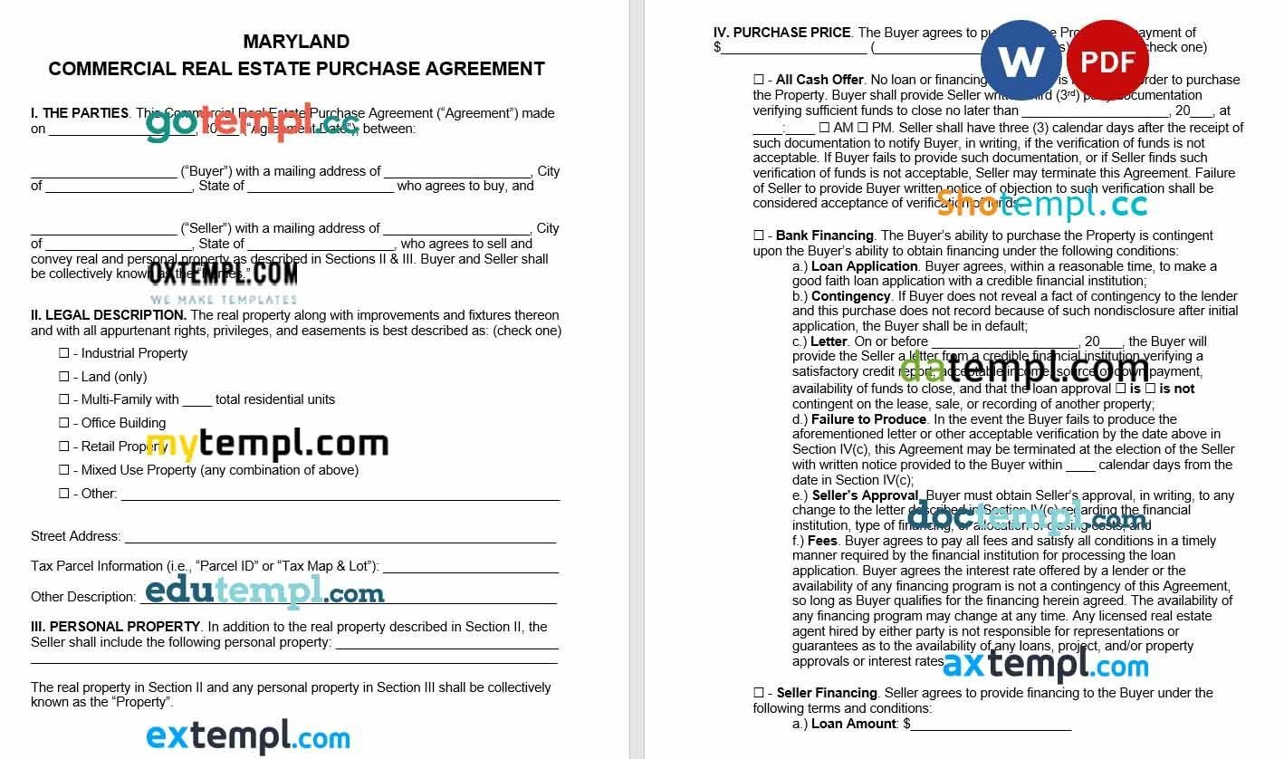 Maryland Commercial Real Estate Purchase Agreement Word example, fully editable