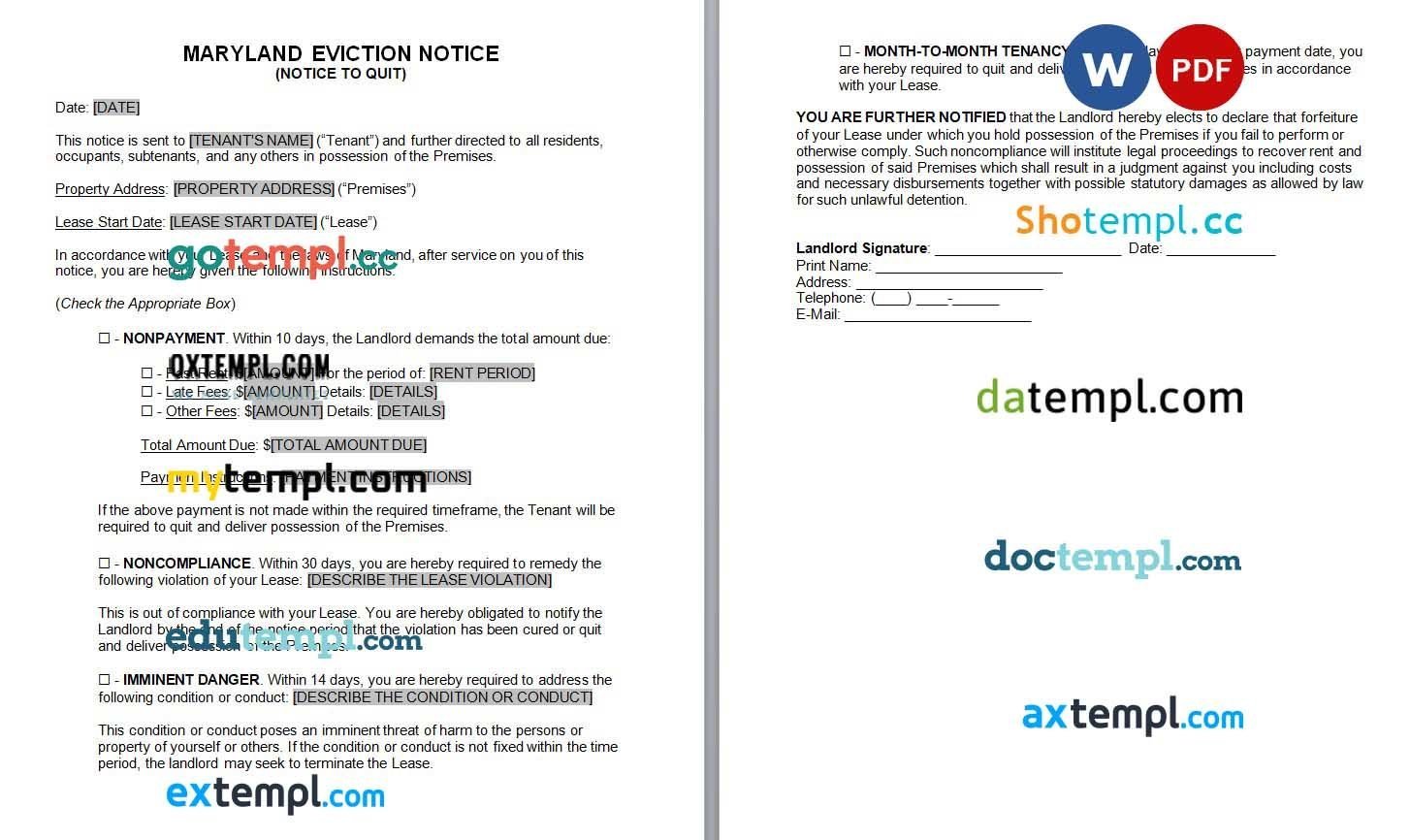 Maryland Eviction Notice to Quit Form Word example, fully editable
