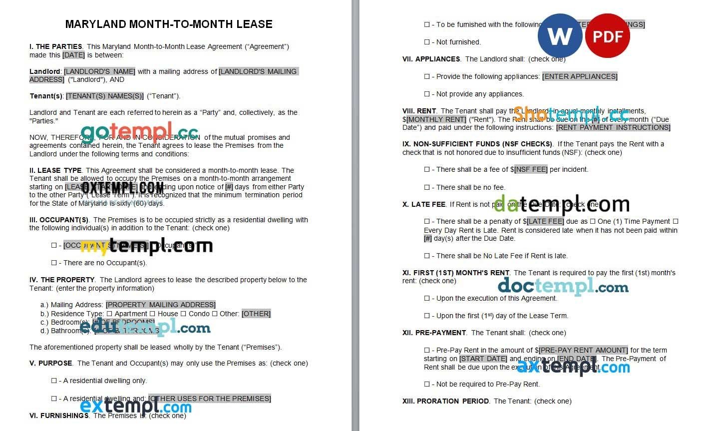 Maryland Month to Month Rental Agreement Form Word example, fully editable