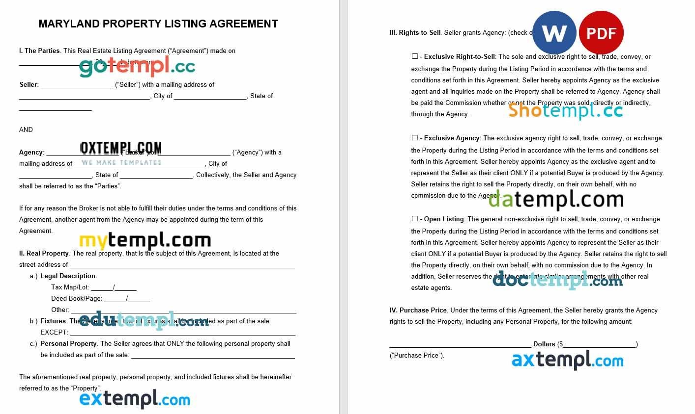 Maryland Real Estate Listing Agreement Word example, fully editable