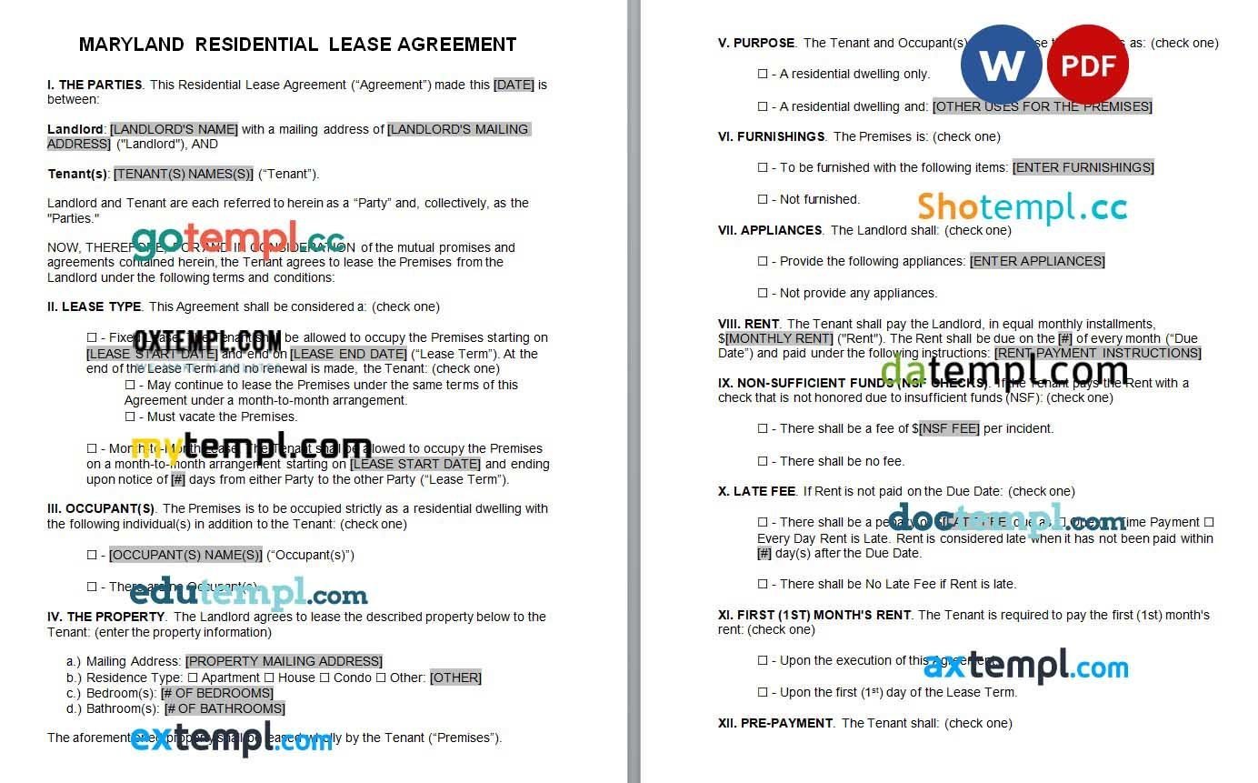 Maryland Standard Residential Lease Agreement Word example