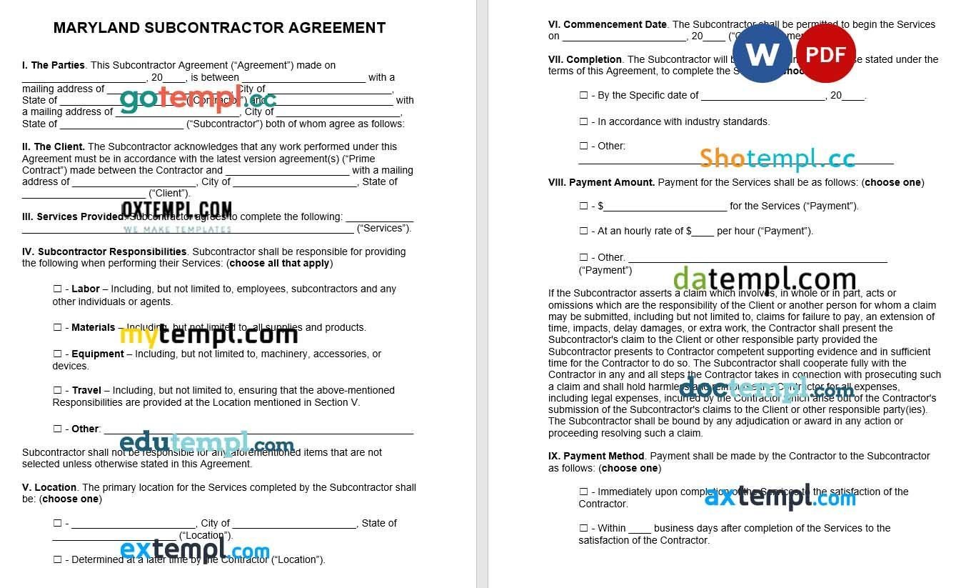 Maryland Subcontractor Agreement Word example, completely editable