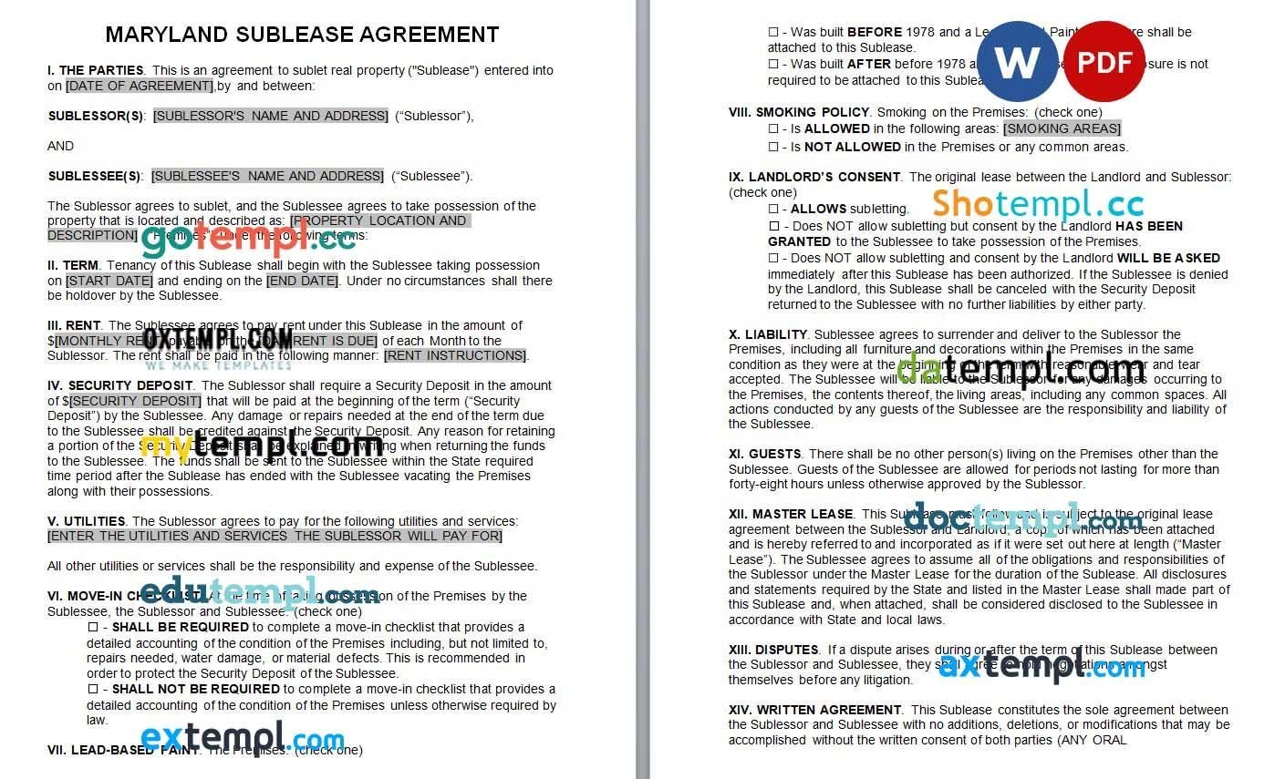 Maryland Sublease Agreement Word example, fully editable