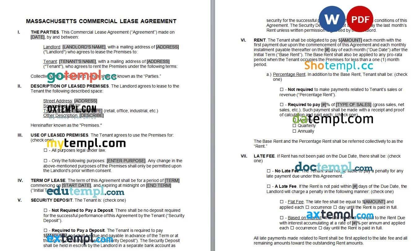 Massachusetts Commercial Lease Agreement Word example, fully editable