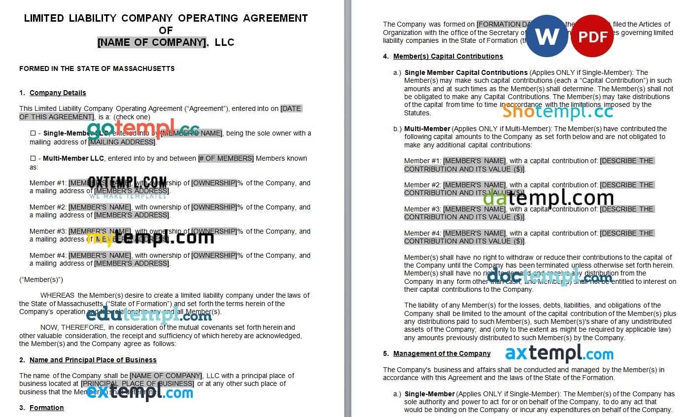 Massachusetts LLC Operating Agreement Word example