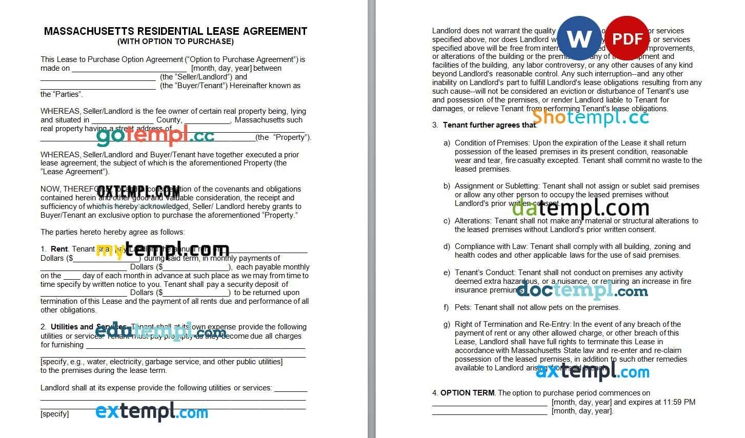 Massachusetts Lease Agreement Option to Purchase Word example