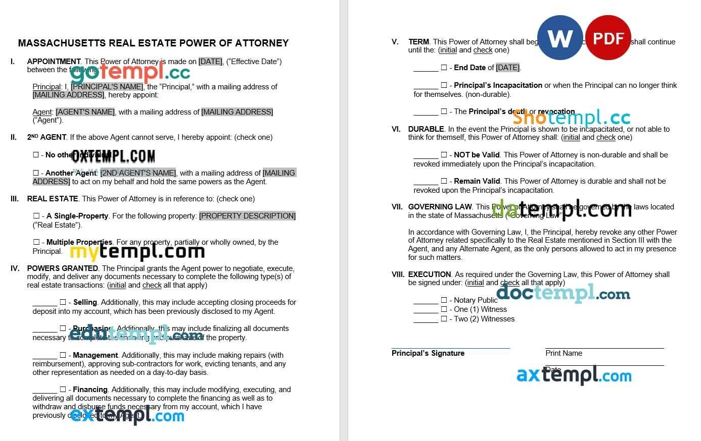 Massachusetts Real Estate Power of Attorney Form example, fully editable