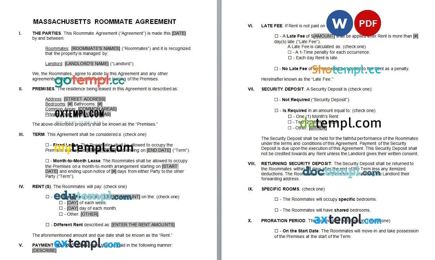 Massachusetts Roommate Agreement Form Word example, completely editable